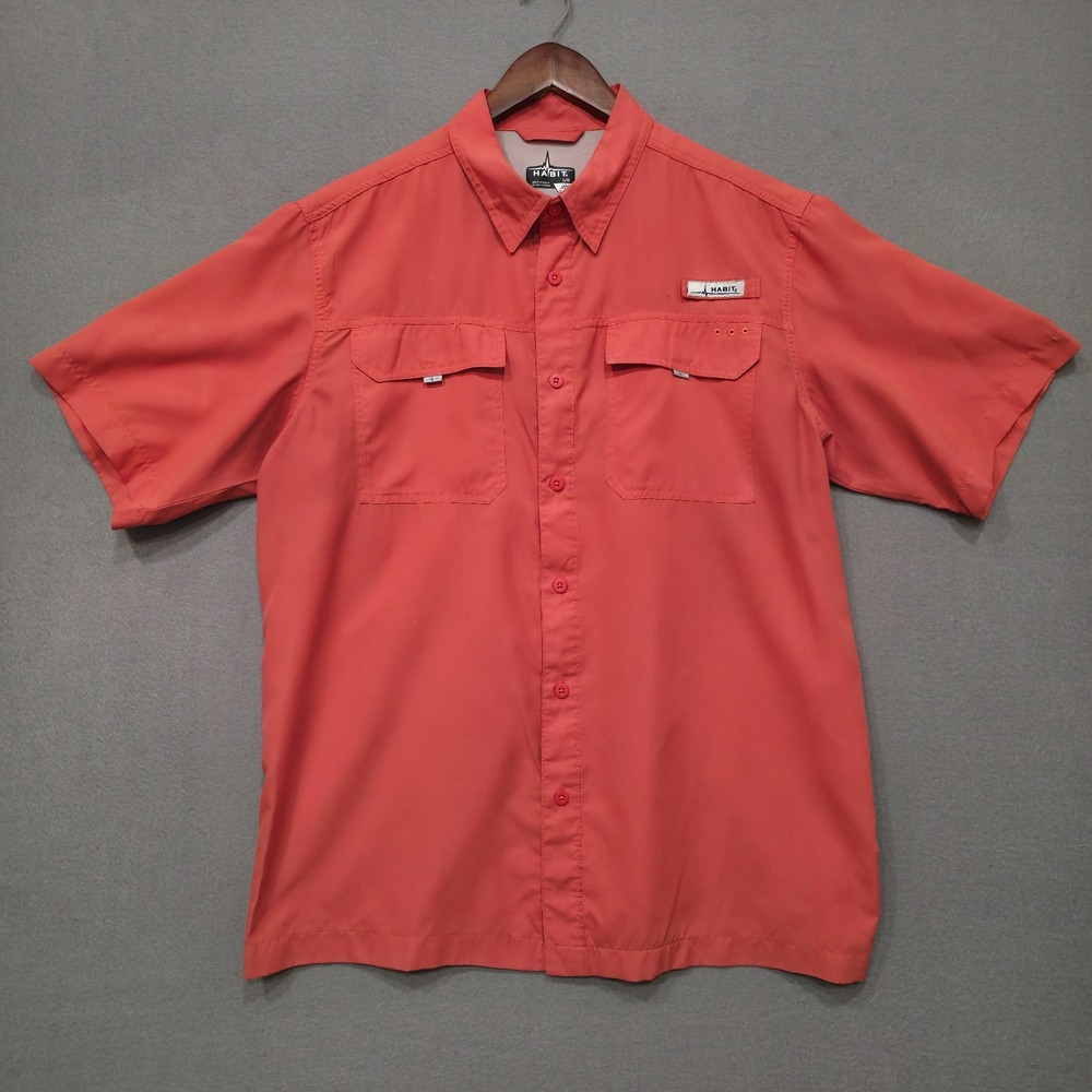 Habit Men's Red Short Sleeve Button Up Vented‎ Solar-Factor Shirt Size Large
